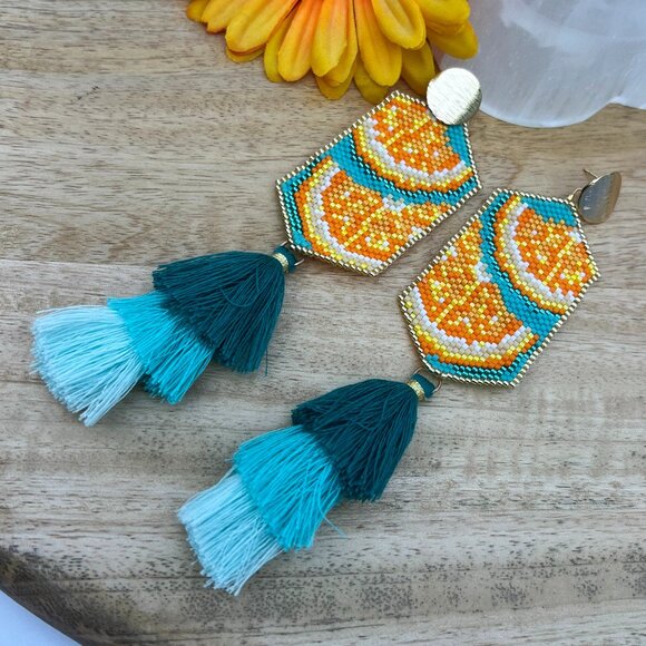Handmade Beaded Orange Slices Long Tassel Fringe Dangle Drop Post Earrings Wow! - Picture 6 of 11
